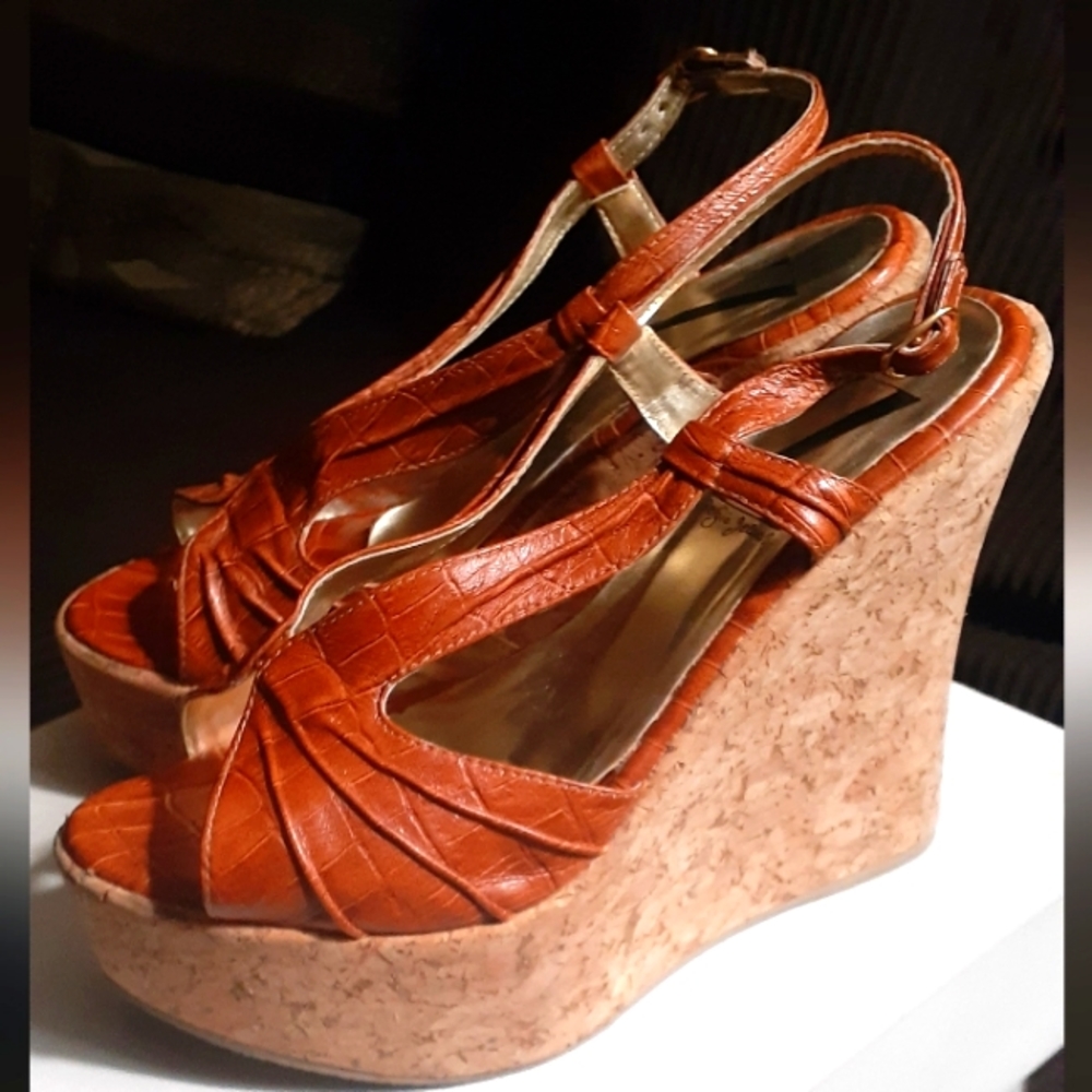 Burnt orange leather wedges